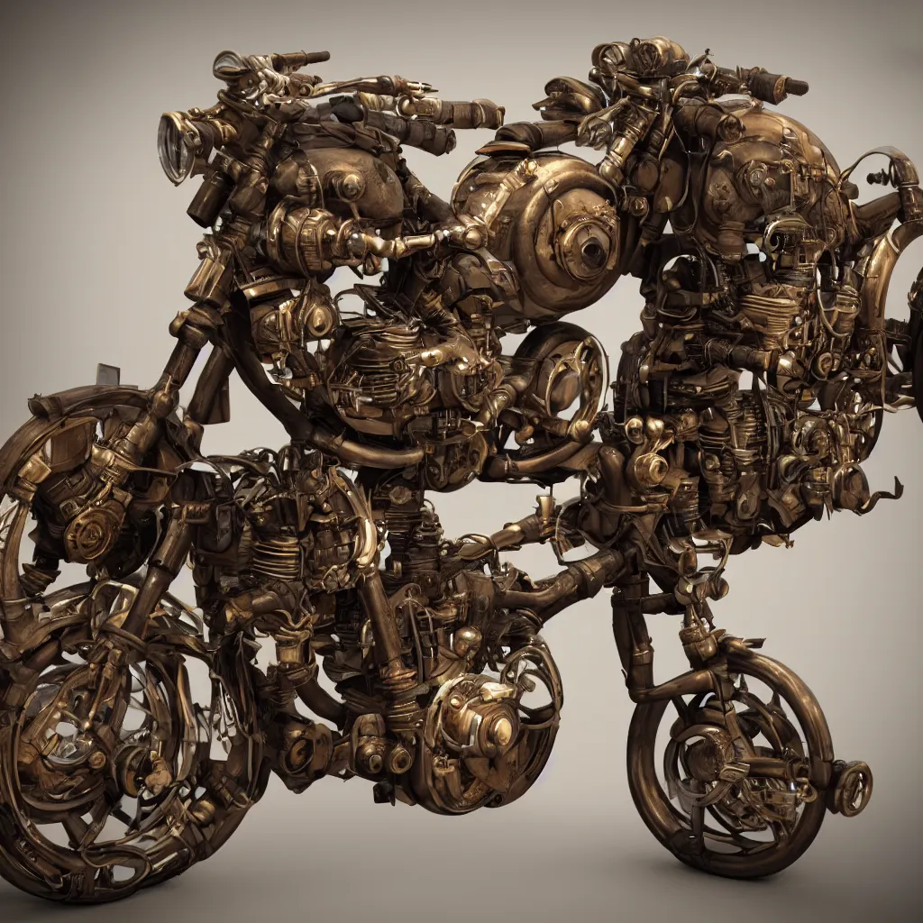 Image similar to steampunk style motorcycle, photorealistic, 3 d rendering, cute, unreal engine, bokeh
