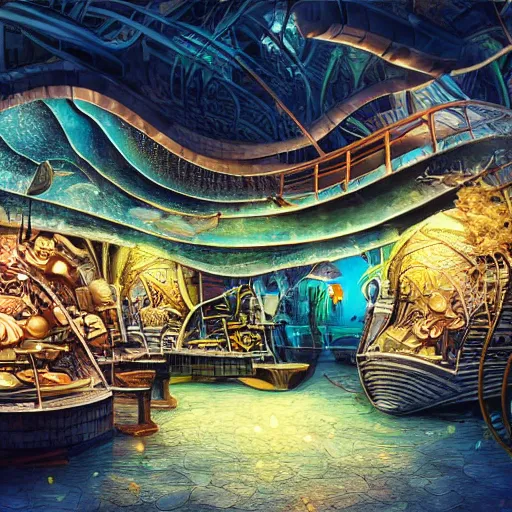 Image similar to undersea shopping center built from various sea shells, sea weed, light diffraction, steampunk, cyberpunk, warm lights, anime, vhs distortion