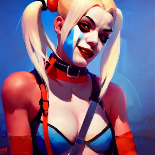 Image similar to Greg Manchess portrait painting of Harley Quinn as Overwatch character, medium shot, asymmetrical, profile picture, Organic Painting, sunny day, Matte Painting, bold shapes, hard edges, street art, trending on artstation, by Huang Guangjian and Gil Elvgren and Sachin Teng