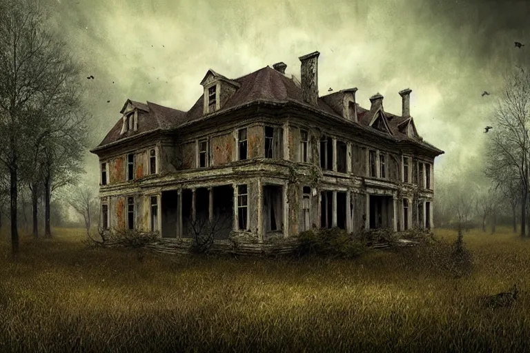 Image similar to dilapidated country estate, abandoned, eerie, spooky matte painting by andrea kowch, detailed realistic