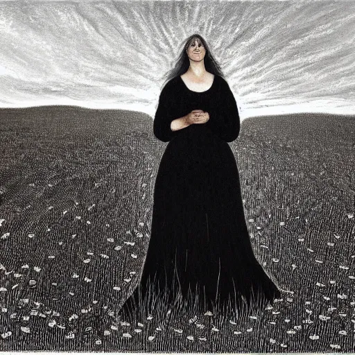 Image similar to The painting depicts a woman standing in a field of ashes, her dress billowing in the wind. Her hair is wild and her eyes are closed, and she seems to be in a trance-like state. The painting is dark and atmospheric, and the ashes in the field seem to be almost alive, swirling around. high-key lighting by Ken Kelly