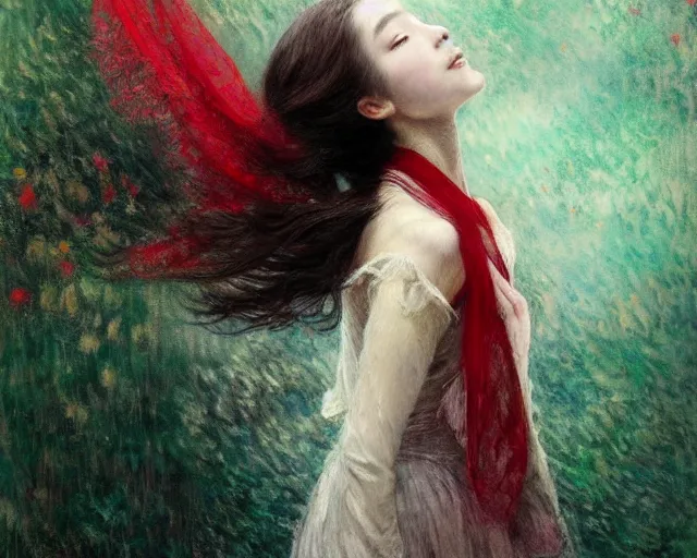 Prompt: a gorgeous prima ballerina japanese art with a red scarf, medium long brown hair, green eyes, is looking at a bird, ethereal, horror, fantasy art by greg rutkowski and magali villeneuve and claude monet