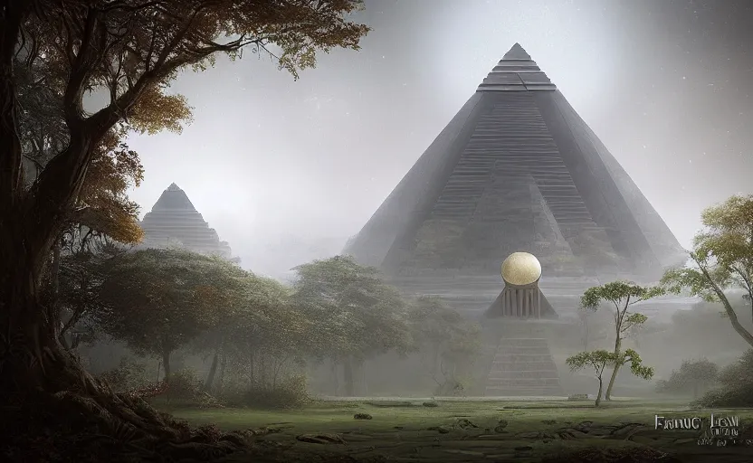 Prompt: a neoclassical tower with dome on a magical gloomy mystical forest, next to a beatiful aztec pyramid. by frank lloyd wright, wlop, futuristic