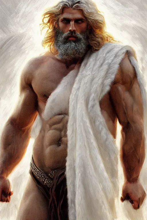 Prompt: painted portrait of rugged zeus, god of thunder, greek god, white hair, masculine, powerful, handsome, opulent, upper body, white robe, muscular, hairy torso, fantasy, intricate, elegant, highly detailed, digital painting, artstation, concept art, smooth, sharp focus, illustration, art by gaston bussiere