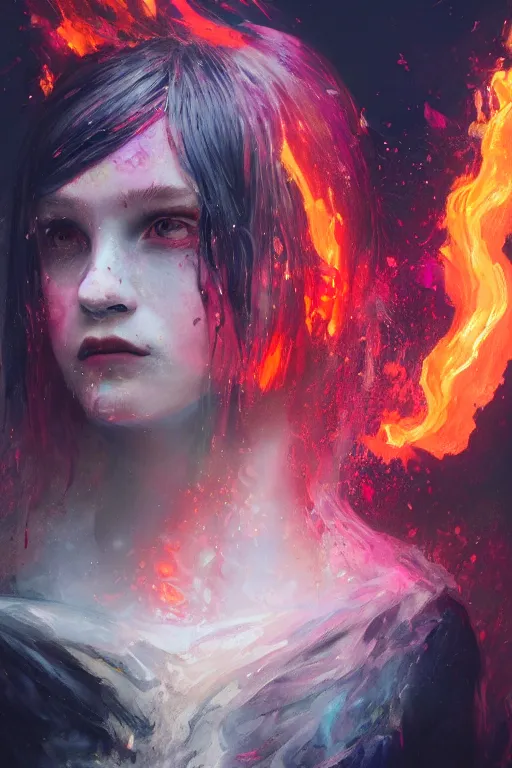 Image similar to a fancy portrait of a young Demon girl covered in deep and colourful flames by Greg Rutkowski, Sung Choi, Mitchell Mohrhauser, Maciej Kuciara, Johnson Ting, Maxim Verehin, Peter Konig, Bloodborne , 8k photorealistic, cinematic lighting, HD, high details, atmospheric , trending on artstation