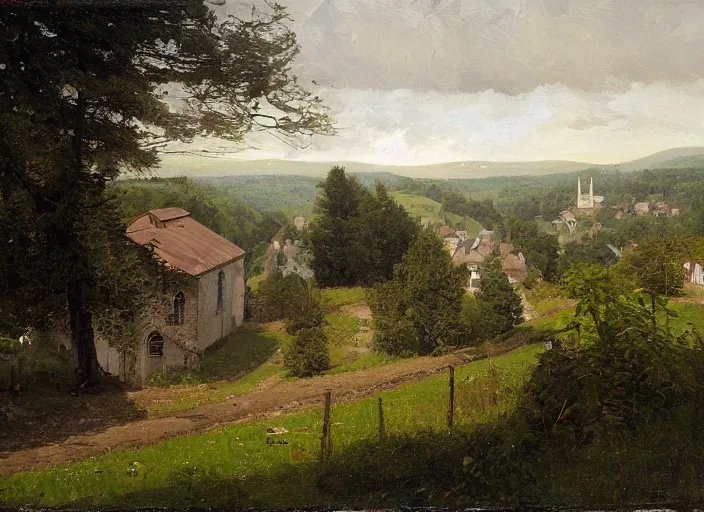 Image similar to from an upstairs window, looking up steep slope, road to church atop hill, playing fields to the right, small stone buildings, carl spitzweg, david curtis, morgan weistling, jim beckner, michael alford, craig mullins, jeremy mann