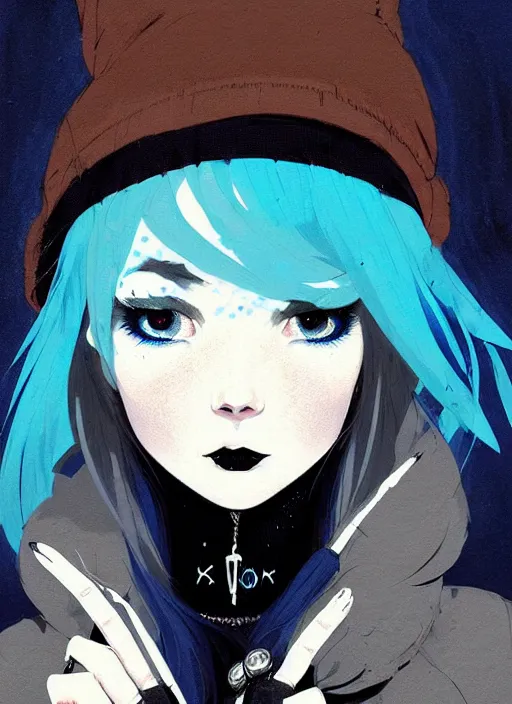 Prompt: highly detailed closeup portrait of a punk witch young lady student, blue witch hat, black parka, blue hair by atey ghailan, by greg rutkowski, by greg tocchini, by james gilleard, by joe fenton, by kaethe butcher, gradient, blue, black, brown and cream color scheme, grunge aesthetic!!! white graffiti tag wall background