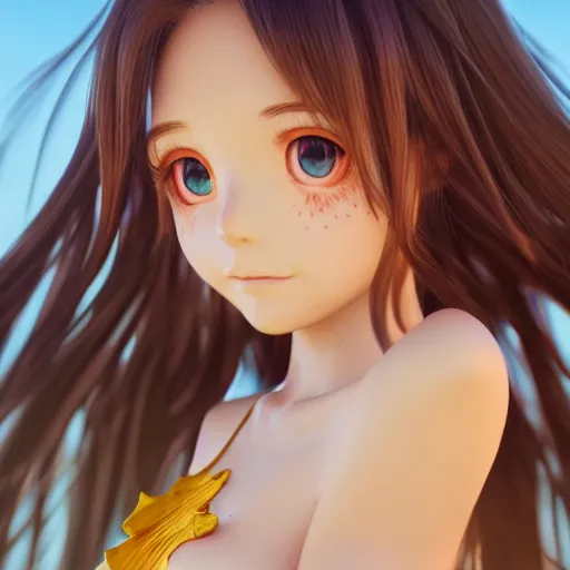 Image similar to Render of a very beautiful 3d anime girl, long hair, hazel eyes, cute freckles, full round face, short smile, cute sundress, golden hour, serene beach setting, medium shot, mid-shot, highly detailed, trending on Artstation, Unreal Engine 4k