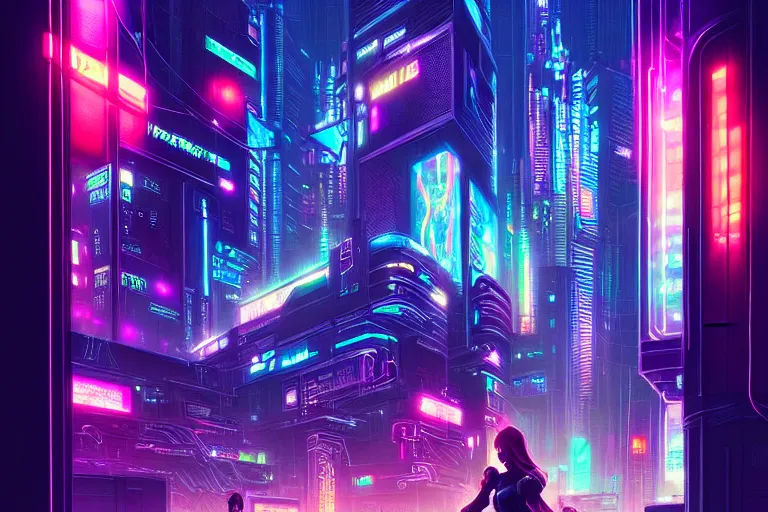 Image similar to painting of a modern cyberpunk city, neon lights, fine details, magali villeneuve, artgerm, rutkowski