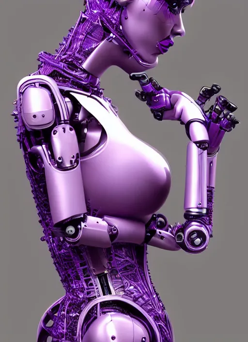 Prompt: beautiful female robot, wearing an intricate purple corset, burlesque, perfect features, anatomically correct, arms by her side, symmetrical facial features, expression of longing for more, elegant, futuristic, fantasy, artsy, digital art,