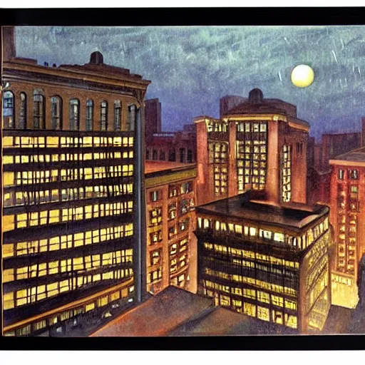 Prompt: full color ultra realistic painting of a balcony view of 1 9 2 5 boston downtown at night, the sky is distorted and broken like a smashed mirror, dark, brooding, night, atmospheric, ultra - realistic, smooth, highly detailed