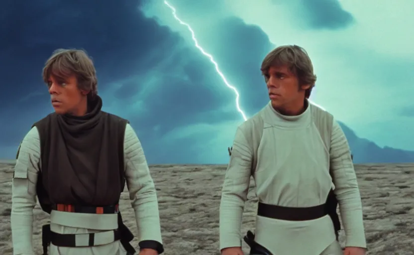 Image similar to screenshot portrait shot of Luke Skywalker on a lightning planet, moody jagged dark landscape, from the 1970s sci fi thriller by Stanely Kubrick , no people, no man, lost world, sharp focus, color kodak stock, ektochrome, anamorphic lenses, detailed faces, moody cinematography