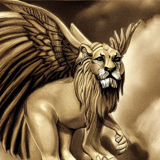 Image similar to a winged lion, fantasy illustration