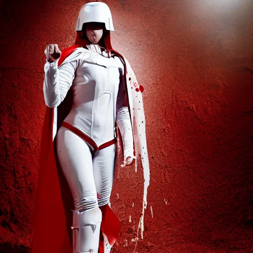 Image similar to a young female soldier wearing blood - spattered glossy sleek white dinged scuffed armor and a long torn red cape, heroic posture, determined expression, elegant, battle weary, no helmet, on the surface of mars, dramatic lighting, cinematic, sci - fi, hyperrealistic, detailed