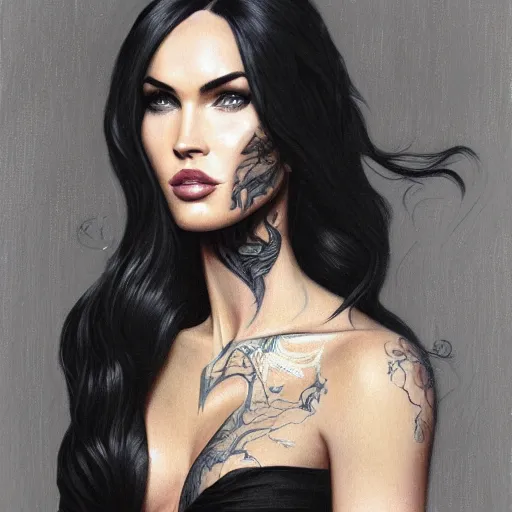 Image similar to portrait of megan fox in black business suit, sultry pose, fantasy, intricate, elegant, highly detailed, digital painting, artstation, concept art, matte, sharp focus, perfect face symmetry, illustration, art by aenaluck and roberto ferri and greg rutkowski, epic fantasy, digital painting