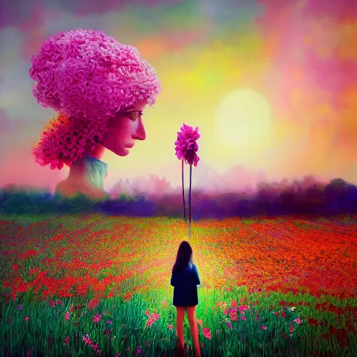 Prompt: woman with blooming flower face, standing in flower field, surreal photography, sunrise, impressionist painting, colorful clouds, artstation, dali, simon stalenhag