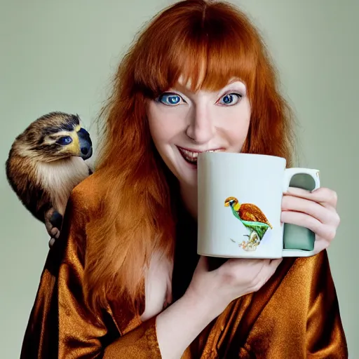 Prompt: a stunning hyper-detailed photorealistic painting of one slender beautiful smiling woman with long ginger hair and bangs, wearing a luxurious silk robe, wearing headphones and posing with her large ginger tabby cat and her raccoon and parrots in an overstuffed easy chair in her sunlit victorian living room, holding a porcelain parrot-shaped coffee mug and a donut, perfect eyes, fashion photography, cinematic lighting, octane render, IBEX Masters, unreal engine, 85 mm lens