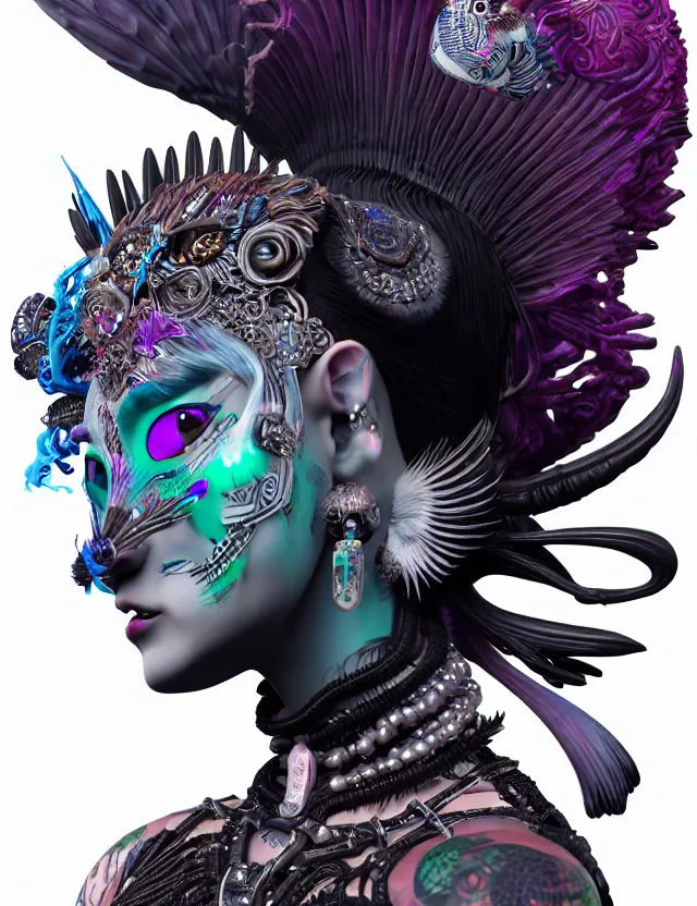 Image similar to 3 d goddess close - up profile portrait punk with mohawk with ram skull. beautiful intricately detailed japanese crow kitsune mask and clasical japanese kimono. betta fish, jellyfish phoenix, bio luminescent, plasma, ice, water, wind, creature, artwork by tooth wu and wlop and beeple and greg rutkowski