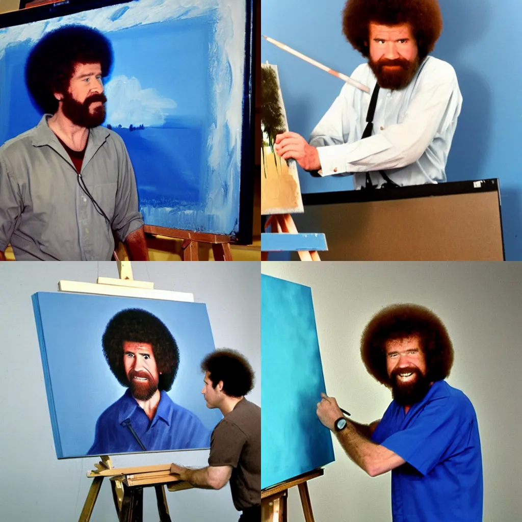 Prompt: Bob ross standing and painting a bluescreen of death