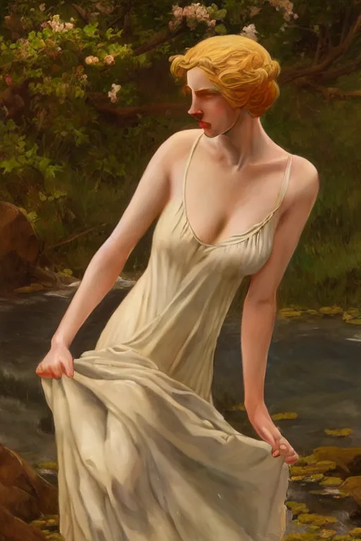 Image similar to a beautiful annie leonhart wearing a dress emerging from the water, oil on canvas, sensuality, artstation, by j. c. leyendecker and edmund blair leighton and charlie bowater, shot on sony a 7 iii