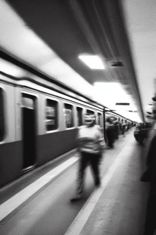 Image similar to ominous grainy surveillance photo still of scary monster in style of trevor henderson inside toronto subway