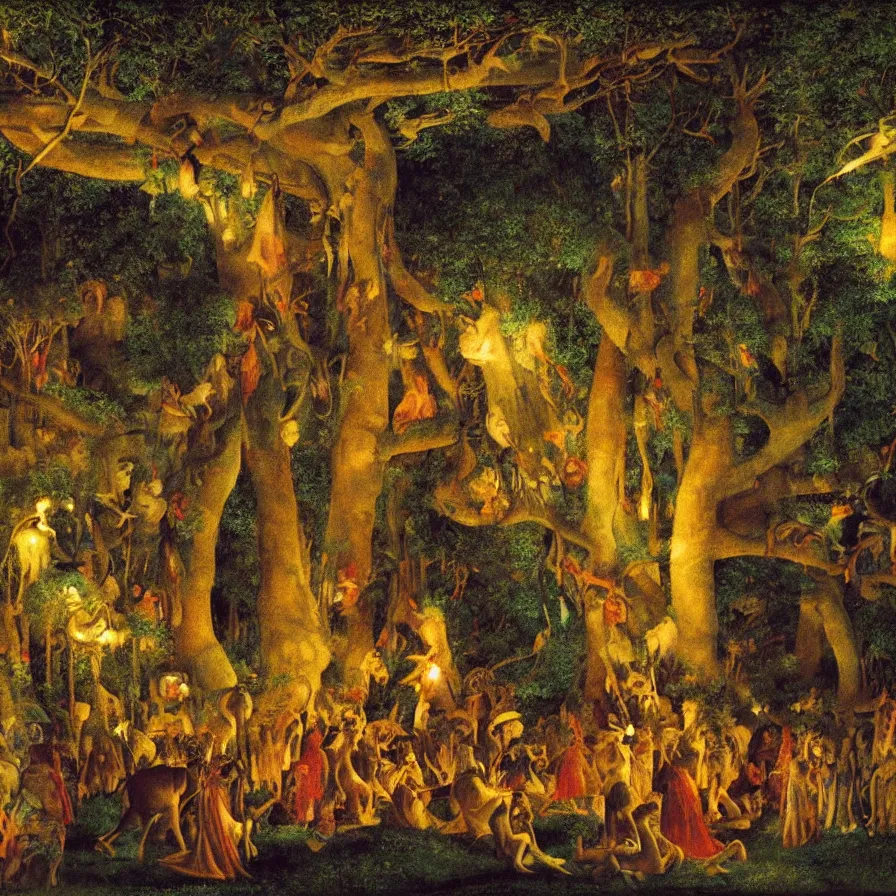 Prompt: closeup of a night carnival inside a tree cavity in a magical forest in the middle of a summer storm, with a music scenario with many fireworks and christmas lights, volumetric lightning, instense god rays in the sky, folklore people disguised with fantastic creatures in a magical forest by summer night, masterpiece painted by pierre puvis de chavannes, very coherent and contrast masterpiece,