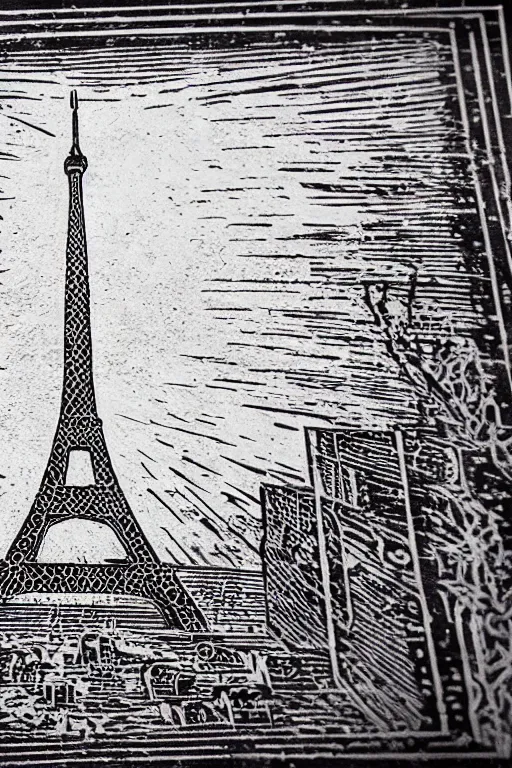 Prompt: a beautiful woodcut print of paris, 8 k, frostbite 3 engine, cryengine, dof, trending on artstation, digital art, crepuscular ray, art by fossi _ images and tugboat printshop