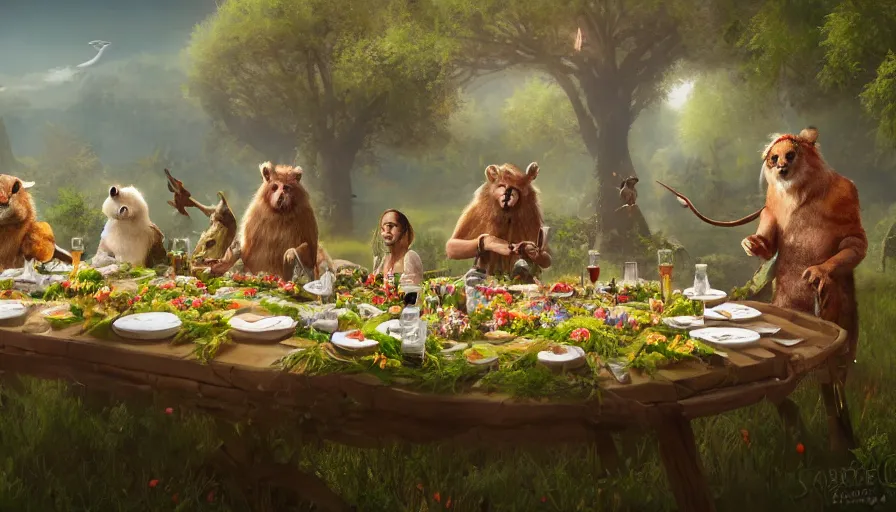 Image similar to a table dinner of exotic animals where animals are dressed like the characters from the midsommar movie wearing flowers, realistic detailed digital art by maxwell boas jessica rossier christian dimitrov anton fadeev trending on artstation cgsociety rendered in unreal engine 4 k hq