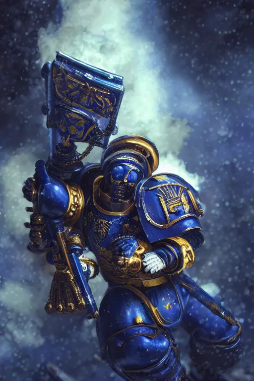 Image similar to a portrait of an ultramarine, space marine, warhammer 4 0 k setting, dynamic pose, intricate details, intricately detailed clothing, intricate textures, warm lighting, vivid colors, smoke and mist, realistic octane render, hyper realistic render, volumetric shading, depth of field, raytracing, 8 k,