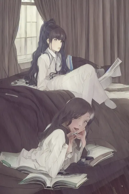 Prompt: a girl in a jk uniform outfit in the bedroom reading a book in a night, raining outside the window, dark and grey theme ， wavy white long hair, by krenz cushart and mucha and akihito yoshida and greg rutkowski and makoto shinkai, detailed eyes, 4 k resolution