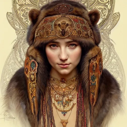 Prompt: a portrait of a female bear hybrid, upper half portrait, decorated with russian motifs, russian shaman, siberia, traditional russia, intricate, elegant, highly detailed, symmetry, headpiece, digital painting, artstation concept art smooth sharp focus, illustration, art by artgerm and greg rutkowski alphonse mucha 8 k