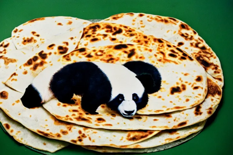 Image similar to a photo of a giant mutant panda quesadilla in its natural habitat, kodak ektachrome e 1 0 0 photography