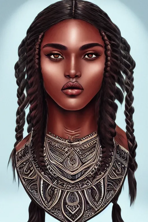 Prompt: A bust of a beautiful dark skinned Maori girl with large lips and smooth eyebrows and straight hair, HD, illustration, epic, fantasy, intricate, elegant, amazing detail, digital painting, artstation, concept art, smooth, sharp focus, illustration, art by Turine Tran