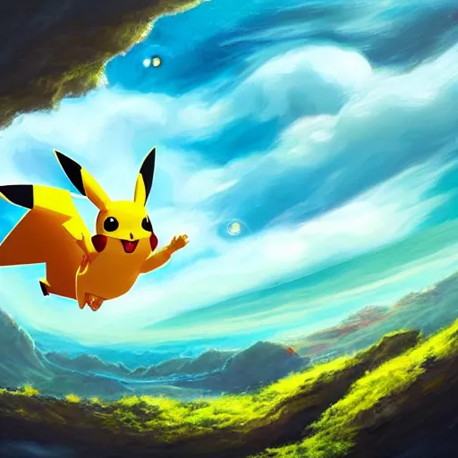 Image similar to a stunning wide angle view a pikachu jumping from a cliff into space, highly detailed clouds, artistic composition, sharp focus, intricate concept art, digital painting, colorful flat surreal design, hd, 8 k, artstation, ambient lighting