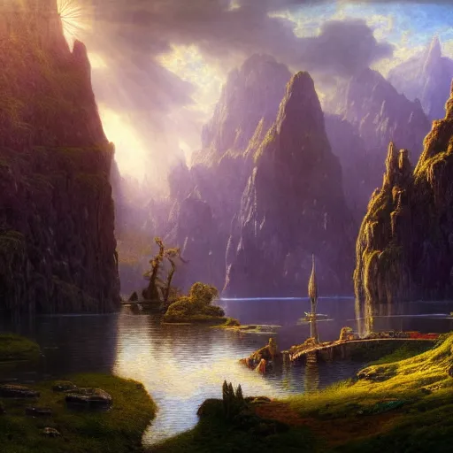 Image similar to a beautiful and highly detailed matte painting of the lost land by a beautiful lake, bright sunlight, celtic, psychedelic, epic scale, insanely complex, hyperdetailed, sharp focus, hyperrealism, artstation, cgsociety, 8 k, bright colors, by caspar friedrich, albert bierstadt, james gurney, brian froud,