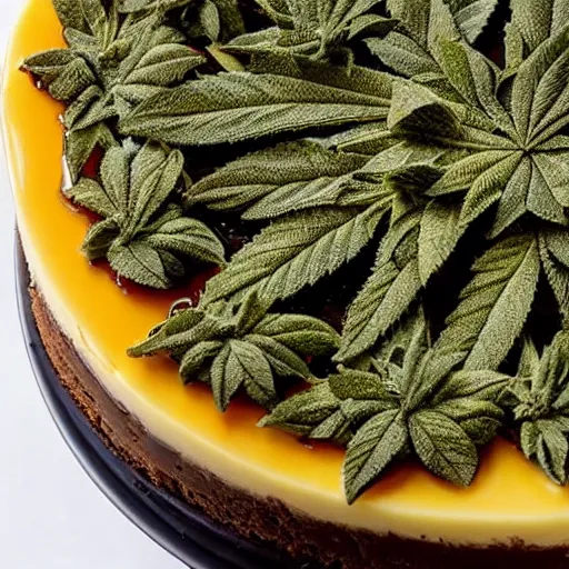 Prompt: close view of a delicious sweet and perfect marijuana cheesecake piece, award winning, 4 k, beautiful