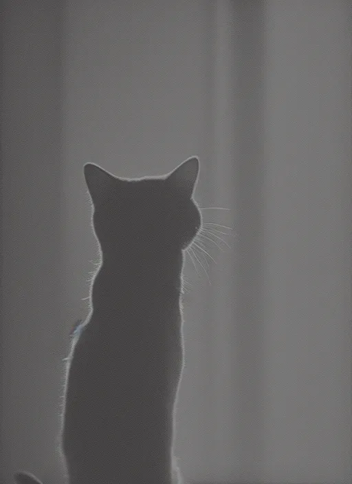 Prompt: a cat behind a semitransparent window silhouette