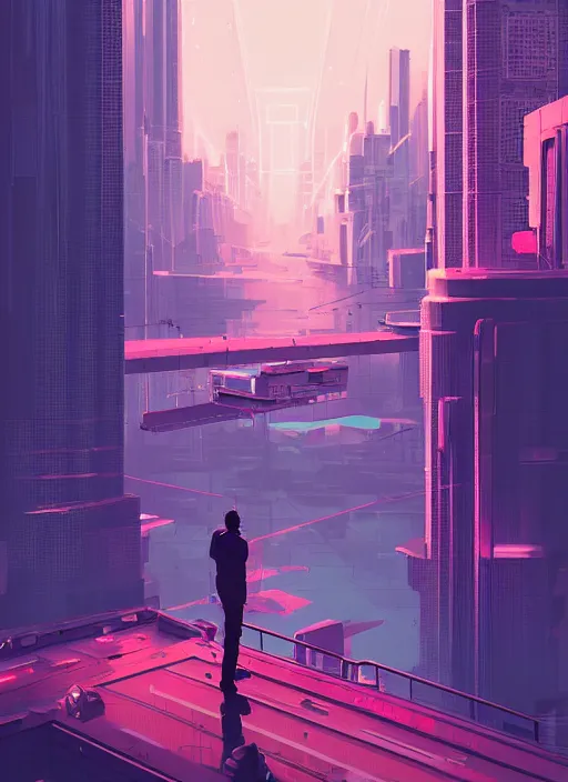 Image similar to a man standing on top of a bridge over a city, cyberpunk art by james gilleard, cgsociety, retrofuturism, synthwave, cityscape, 2 d game art