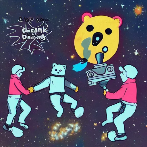 Image similar to space bears dancing to cannon in D, in the style of Banksy