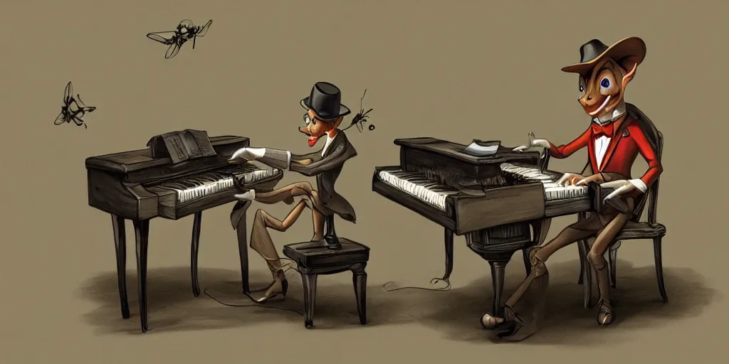 Image similar to jiminy cricket playing a piano like a human, digital art, artstation