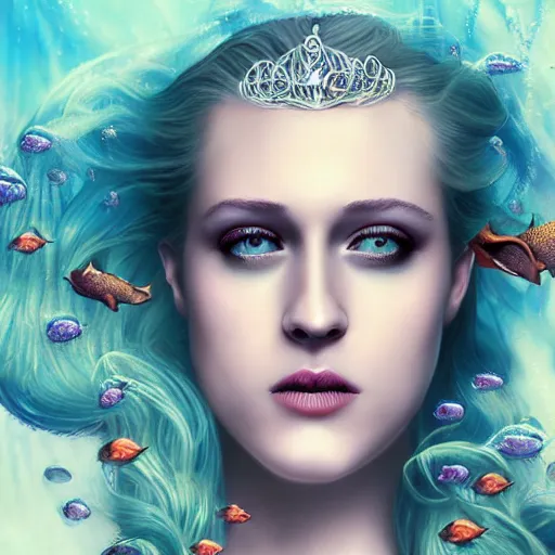 Image similar to evan rachel wood portrait, fantasy, mermaid, hyperrealistic, game character, underwater, highly detailed, sharp focus, cinematic lighting, pearls, glowing hair, shells, gills, crown, water, highlights, starfish, jewelry, realistic, digital art, pastel, magic, fiction, ocean, king, colorful hair, sparkly eyes, fish, heroic, goddess, waves, bubbles, queen