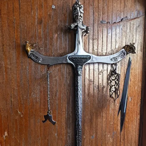 Prompt: sword of justice hanging on a wall, ornate gem in pommel