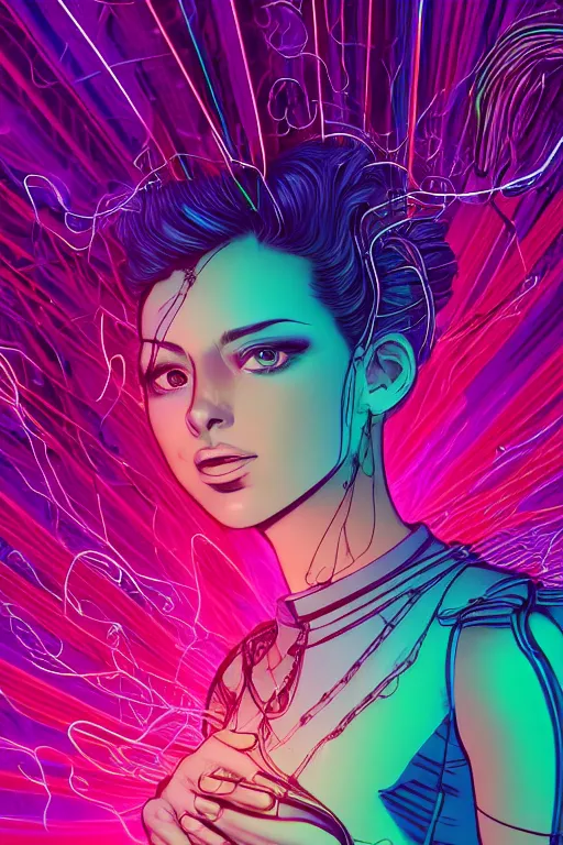 Image similar to a award winning half body portrait of a beautiful woman in a croptop and cargo pants with ombre purple pink teal hairstyle and hands in pockets by ari liloan, surrounded by whirling illuminated lines, outrun, vaporware, shaded flat illustration, digital art, trending on artstation, highly detailed, fine detail, intricate