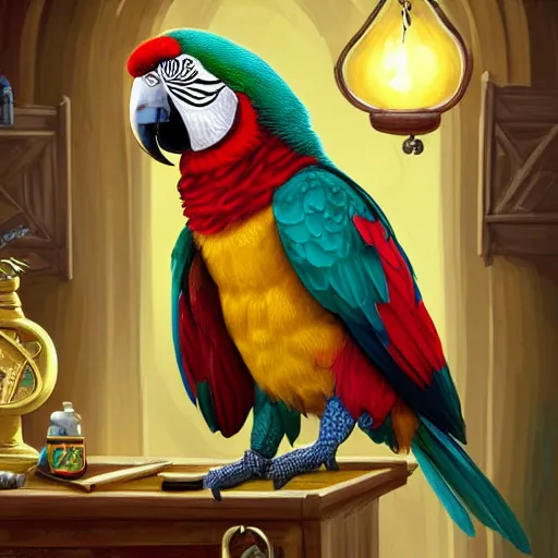 Prompt: Anthropomorphized parrot trader in his shop, selling his wares, portrait, items, gold, magic potions, carpet, window, sly expression , cunning expression, cute expression, beautiful beak, presenting wares, holding a gold bag, D&D, fantasy, cinematic lighting, highly detailed, digital painting, artstation, concept art, smooth, sharp focus, illustration, warm light, cozy warm tint, magic the gathering artwork, volumetric lighting, 8k, art by Akihiko Yoshida, Greg Rutkowski