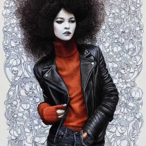 Prompt: james jean artwork of a beautiful girl with an afro and a leather jacket