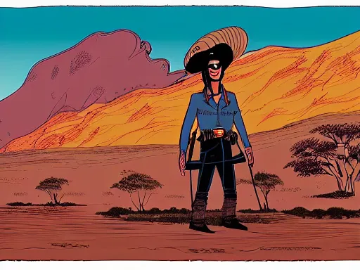 Image similar to a detailed illustration photorealistic of the Lone Ranger in the wild west town. flat colors, limited palette in FANTASTIC PLANET La planète sauvage animation by René Laloux