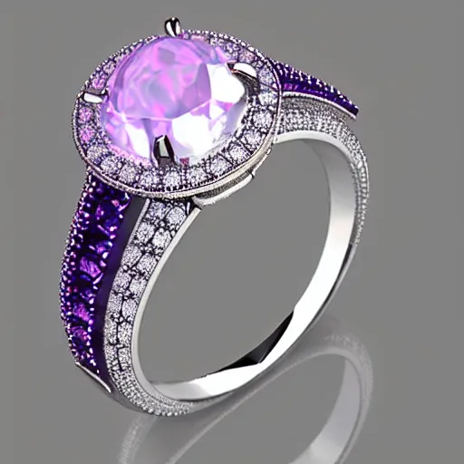 Prompt: a beautiful engagement ring, made out of shiny silver, the ring is covered in purple majestic fire, high quality, photo realistic, detailed, 8k