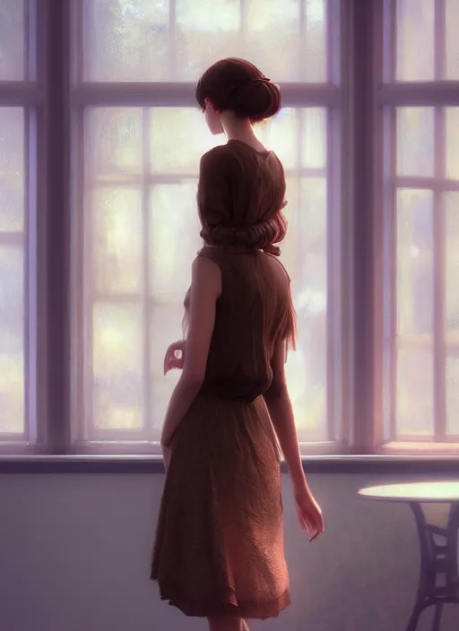 Image similar to a beautiful brown - haired girl with a summer dress in cafe, intricate, elegant, highly detailed, digital painting, artstation, concept art, smooth, sharp focus, illustration, ethereal, misty, by ilya kuvshinov and jeremy mann, 8 k, octane render