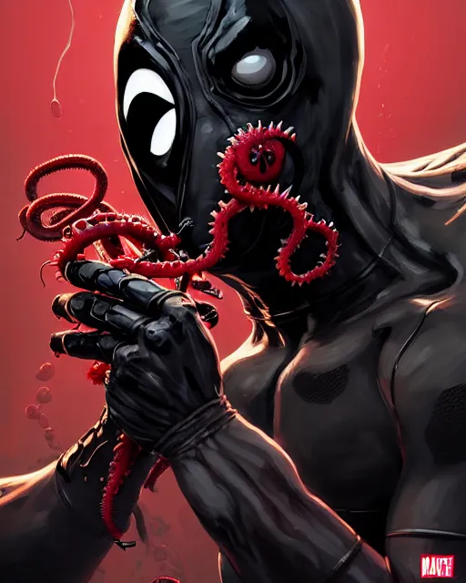 Prompt: highly detailed closeup portrait of a mutated venom symbiote in deadpool suit with carnages tentacles, wearing a gas mask, by atey ghailan, by greg rutkowski, by greg tocchini, by james gilleard, by joe fenton, by kaethe butcher, red, black, crimson and grey color scheme