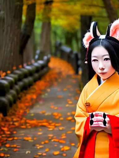 Image similar to full - color photo of a cute young japanese woman cosplaying as a kitsune goddess doing a ritual dance in a windy inari shinto shrine in kyoto full of autumn leaves. she has fox - ears, a fox - tail, hands that are fox - paws, sharp fox - teeth, and a fox - nose. highly - detailed ; professional portrait photography.